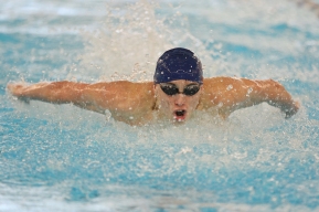 Butler's David Bocci competes in the 100-meter butterfly at WPIAL championships at Upper St. Clair Sunday. Bocci won the event. Seb Foltz/Butler Eagle 03/07/21